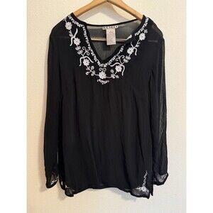 Vintage A.M.I. Embroidered Beaded Boho Top L Cami Black Rayon Whimsygoth Y2K